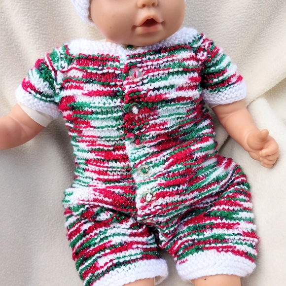 Baby Christmas One Piece Onzie Hand Crafted Reindeer Hat Knit Red Green White - Picture 6 of 16